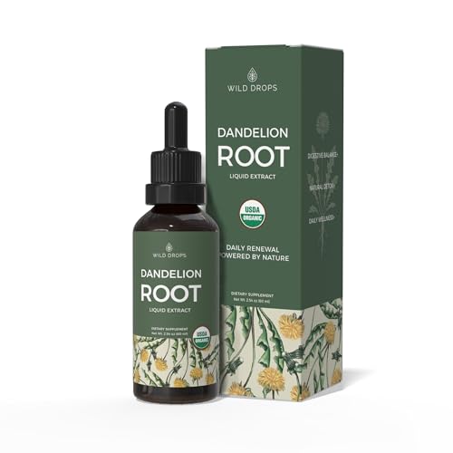 Wild Drops USDA Organic Dandelion Root Extract Tincture, Liver Health Supplement for Liver Detox and Cleanse, USA Sourced and Manufactured, Alcohol-Free, 2 fl oz, (1 Month Supply)